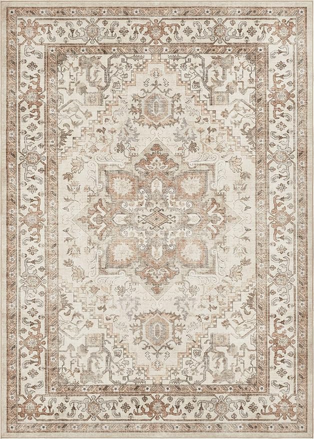 Washable Rug 9x12 Area Rugs: Boho Vintage Distressed Oriental Medallion Neutral Thin Large Rug Carpet for Living Room Bedroom Dining Room Home Office Decor - Beige