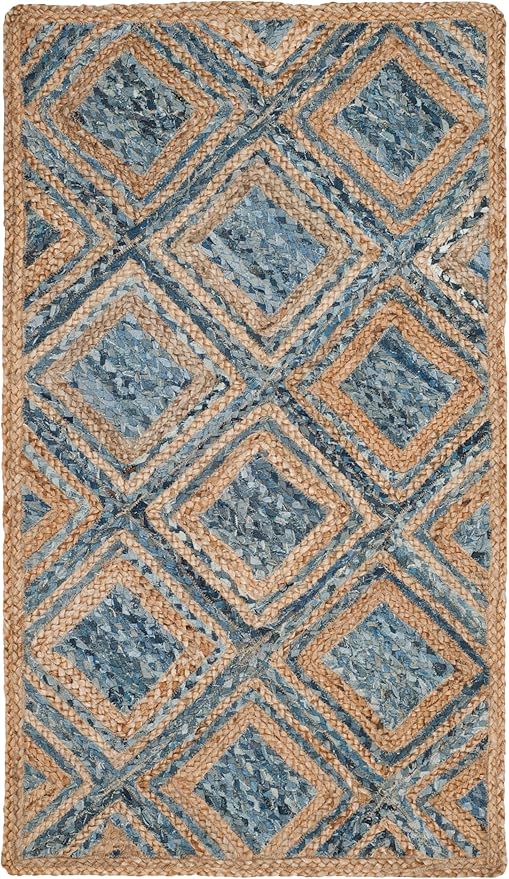 SAFAVIEH Cape Cod Collection Accent Rug - 2'3" x 4', Natural & Blue, Handmade Flat Weave Diamond Braided Jute & Denim, Ideal for High Traffic Areas in Entryway, Living Room, Bedroom (CAP354A)