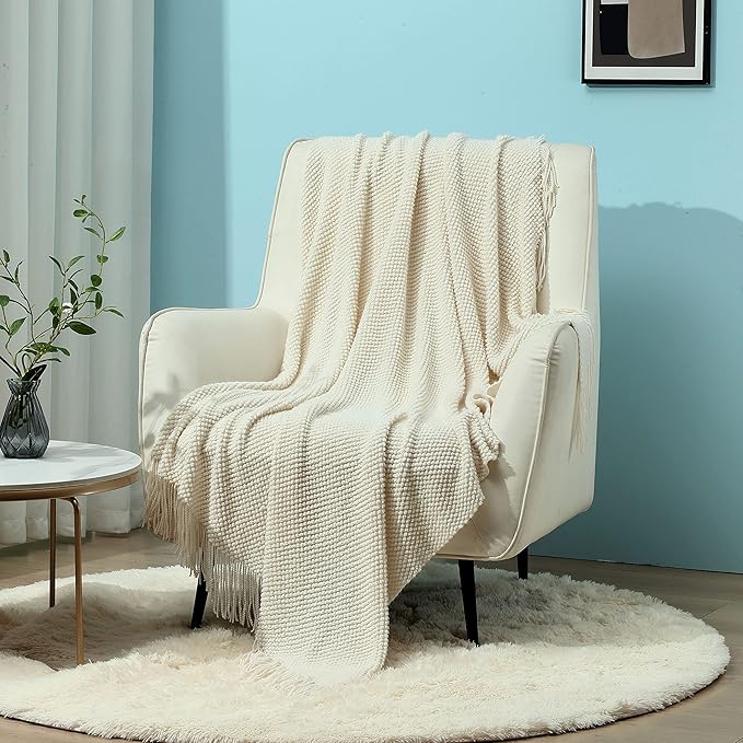 CREVENT Lightweight Knit Throw Blanket for Couch Sofa Chair - Soft and Decorative for Spring Summer Fall (50''X60'' Ivory/Off White)