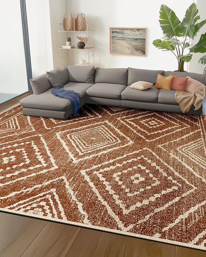 Area Rug 10x12 Rug Machine Washable Non-Slip Low Pile Print Pattern Western Rug for Living Room Bedroom Entryway Tribal Series-Yellowbrown/Cream