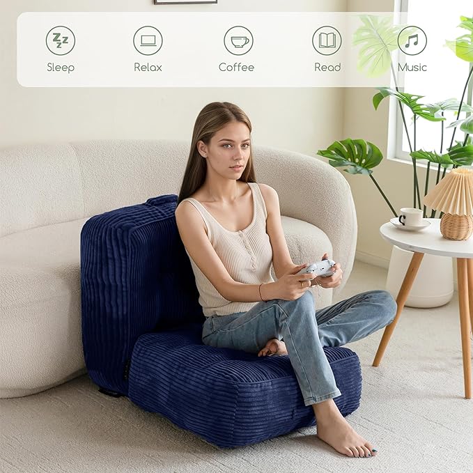 HIGOGOGO 8" Extra Thick Floor Pillow Cushion for Adults, Meditation Cushion Pillow, Large Square Floor Sitting, Tufted Corduroy Cover, for Tatami Living Room or Yoga, 22x22 Inch, Navy