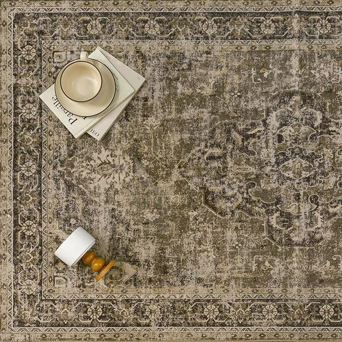 6x9 Washable Area Rug Brown Vintage Distressed Large Rug for Living Room Oriental Soft Thin Indoor Retro Carpet Non Slip Low Pile Floor Cover for Bedroom Dining Room Office Nursery