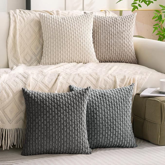 Set of 4 Grey White Taupe Decorative Throw Pillow Covers 18x18 Inch Corduroy Pillow Covers for Bed Couch Sofa Living Room Soft Square Cushion Cases