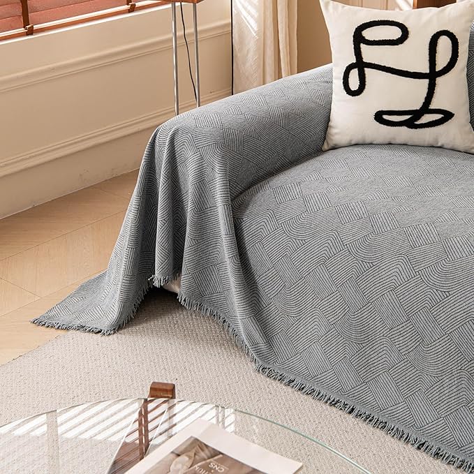 ROOMLIFE Light Gray Waterproof Sofa Cover, Boho Couch Cover for 3 Cushion Sofa, Non Slip Chenille Sofa Slipcovers,Washable Furniture Sofa Protector Cover with Tassel for Living Room, 71''X118”