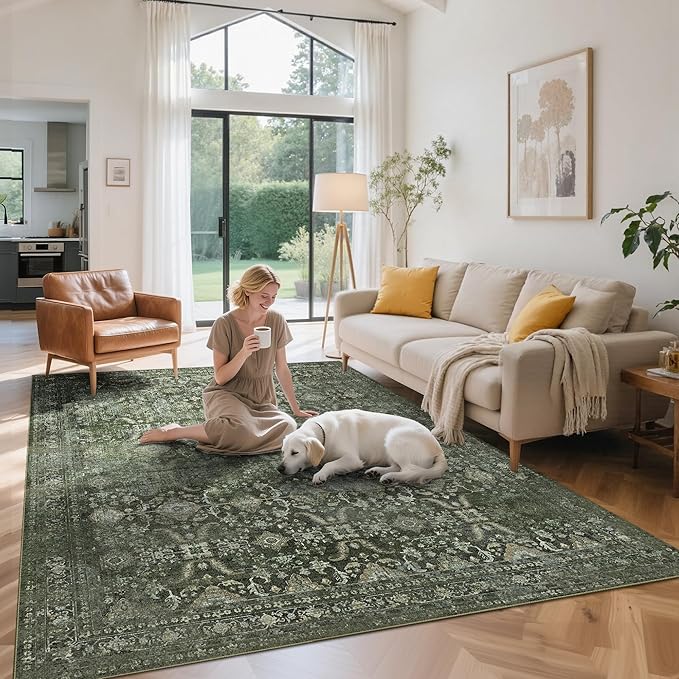 5x7 Area Rugs for Living Room Bedroom, Washable Rug, Green Vintage Floral Boho Rug, Non Slip & Low Pile Faux Wool Thin Carpet for Indoor Dining Room and Kids Room(Green 5x7ft)