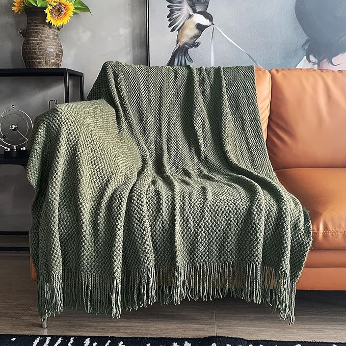 LOMAO Knitted Throw Blanket with Tassels Bubble Textured Lightweight Throws for Couch Cover Home Decor (Dark Olive, 60x80)