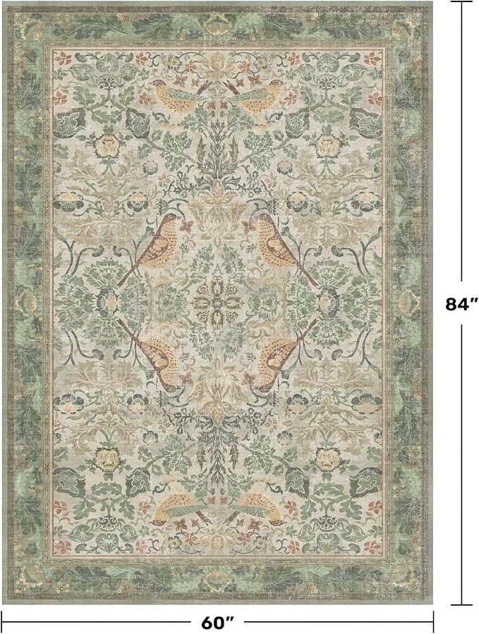 Washable Sage Green Area Rugs 5x7 for Living Room, Bedroom Bedside, Dining Room, Office, Muted Cream Green Non Slip Stain Resistant Low Pile Botanical Floral Bird French Country Decor
