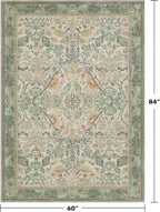 Washable Sage Green Area Rugs 5x7 for Living Room, Bedroom Bedside, Dining Room, Office, Muted Cream Green Non Slip Stain Resistant Low Pile Botanical Floral Bird French Country Decor