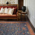Dark Blue & Terracotta 5x8 Living Room Rug - Machine Washable Area Rugs for Bedroom, Dining Room, Kitchen Floor, Small Office, Low Pile Non-Slip Rubber Backing & Stain Resistance