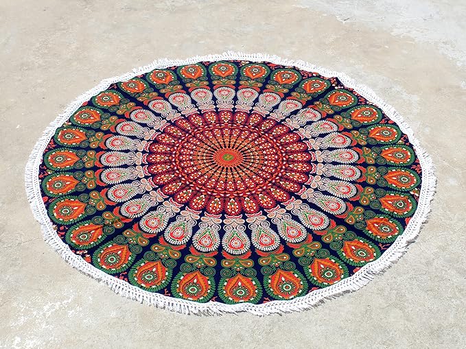 Round Beach Tapestry Turquoise Mandala Throw/Boho Hippie Beach Blanket Roundie/Indian Cotton Bohemian Large Round Table Cloth-Home Decor/Yoga Mat Meditation Picnic Rug (70", Orange And Green)