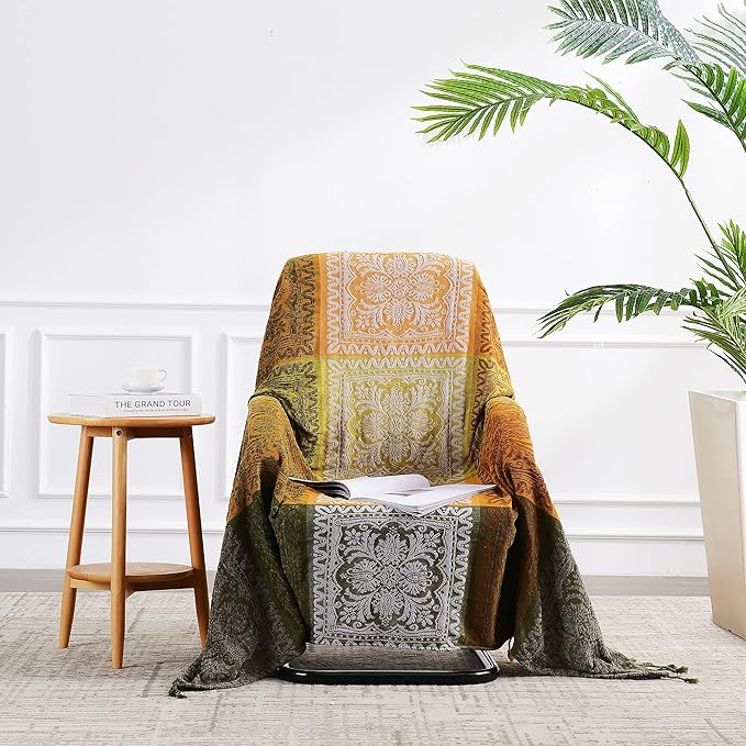 Boho Couch Cover - Hippie Chenille Jacquard Bohemian Chair Couch Sofa and Bed Furniture Cover with Colorful Tribal Pattern (Green, 87" x 102")