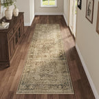 Fmfunctex 2x5 Washable Runner Rug Brown Vintage Neutral Distressed Non Slip Low Pile Indoor Carpet Soft Retro Floral Hallway Entryway Rug for Kitchen Living Room Bedroom Bathroom Laundry Entry Bedside