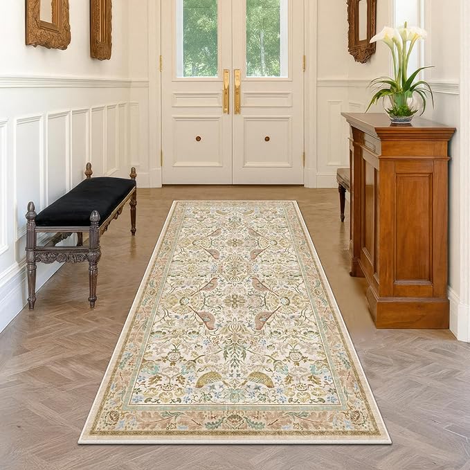 3x6 Washable Rug for Large Entryway - Boho Bird Rugs for Kitchen, Bedroom Beside Bed, Indoor Entrance Door Mat with Moody Woodland Flowers, Non-Slip Stain Resistant Low Pile