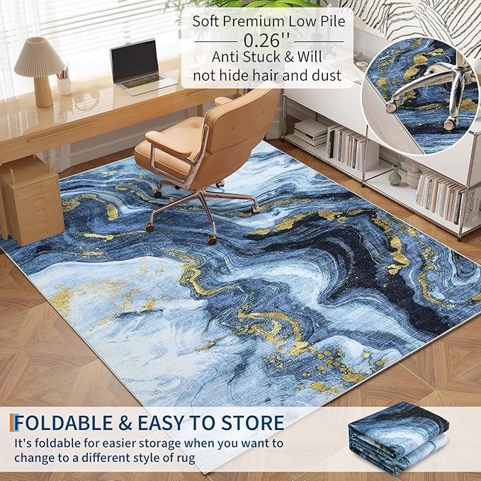 GarveeHome Large 8x10 Washable Rugs for Living Room Abstract Rug Swirl Marble Patterned Carpet, Low-Pile Non Slip Easy Cleaning Rug Neutral Modern Carpet for Bedroom Dining Room Farmhouse Office, Blue