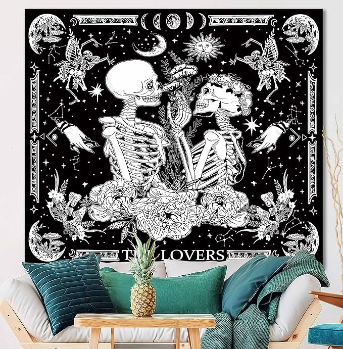 OIOVOIO The Lovers Tapestry Gothic Wall Tapestries Black and White Skeleton Mushroom Grunge Dark Witchy Wall Hanging for Home Decor Aesthetic Bedroom Living Room Dorm Decor (59"x51", Lovers)