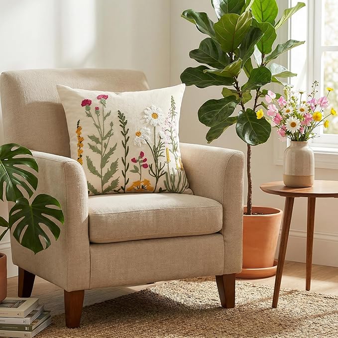 AVOIN colorlife Spring Summer Floral Daisy Embroidered Throw Pillow Cover, 18 x 18 Inch Colorful Flowers Decorative Tufted Patterned Linen Cushion Case for Sofa Couch