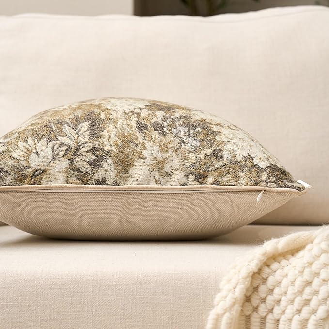 Yangest Neutral Floral Pillow Cover 18 x18 Inches, Vintage Chenille Square Throw Pillow Cover Soft Decorative Farmhouse Accent Couch Pillow Cover for Living Room Bedroom, Beige