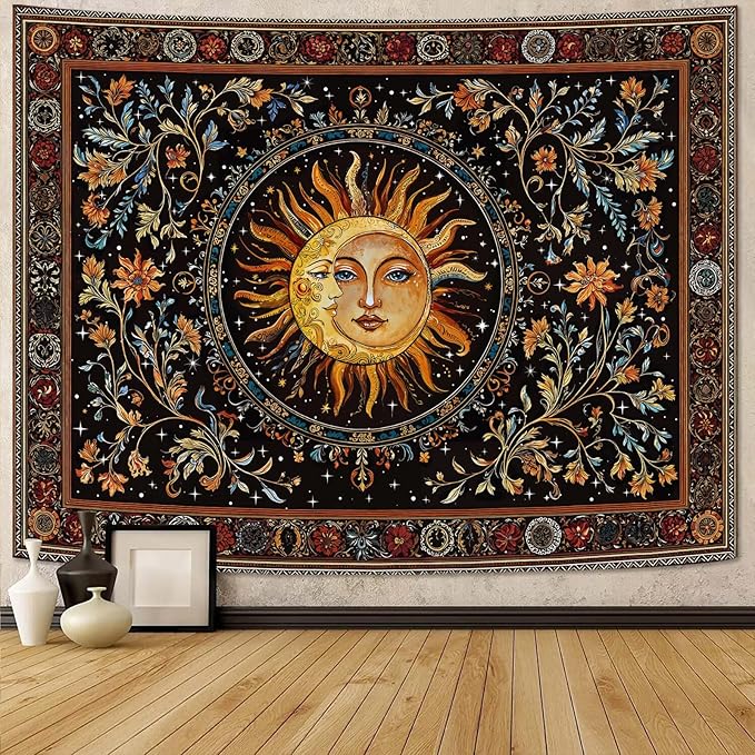 Accnicc Vintage Sun and Moon Tapestry Hippie Indie Boho Floral Wall Tapestry for Bedroom Aesthetic Stained Glass Celestial Plant Large Tapestries Wall Hanging for Living Room Dorm 80 x 60 Inch