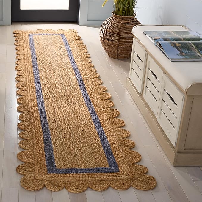 SAFAVIEH Natural Fiber Collection Area Rug - 2'3" x 9' Runner, Natural & Blue, Handmade Jute, Ideal for Living Room, Hallway, Foyer, Entryway, Bedroom (NF896M)