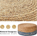 Cpintltr Foot Stool Natural Seagrass Hand Weave Poufs Round Ottoman for Couch Desk Soft Step Stool Padded Foot Rest with Non-Skid Pine Legs for Hallway Office Lounge Natural/Blue
