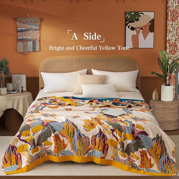 Boho Throw Blanket Twin Size, Soft Cozy Cotton Muslin Quilt Blanket for Bed Decor, Floral Patterned Couch Sofa Chair Cover, Vintage Farmhouse Cottage Tapestry Woven Blanket, Yellow&Blue
