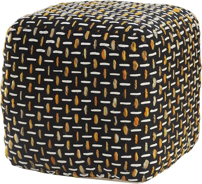 L. R. Resources, Inc. LR Home Hand-Woven Black/Gold/White Geometric Square Ottoman Pouf for Home Decor | Lightweight Foot Rest for Bedroom & Living Room | 16 x 16 x 16 Stuffed Ottoman for Seating