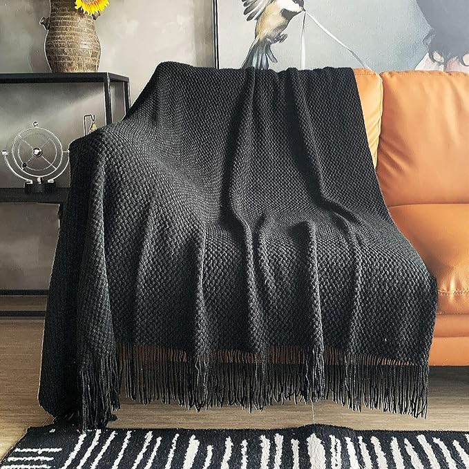 LOMAO Knitted Throw Blanket with Tassels Bubble Textured Lightweight Throws for Couch Cover Home Decor (Black, 60x90)