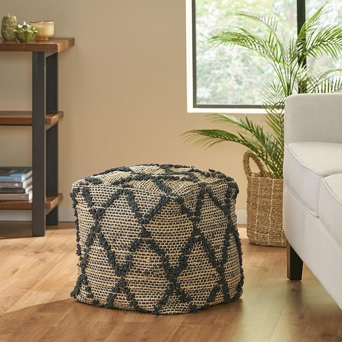 GDFStudio Boho Handmade Fabric Cube Pouf Ottoman Foot Stool - Bean Bag Floor Chair - Foot Rest Couch for Living Room Bedroom,Charcoal,16"" x 16"" x 16"", Cimarro,charcoal, 313838N