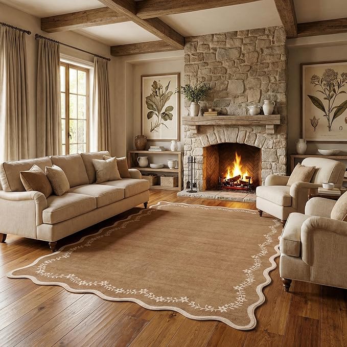 GarveeHome 6x9 Scalloped Area Rug Brown Washable Rugs for Living Room Bedroom, Soft Low Pile Non Slip Accent Floor Mat Solid Floral Print Throw Rug Farmhouse Indoor Carpet for Dorm Playroom