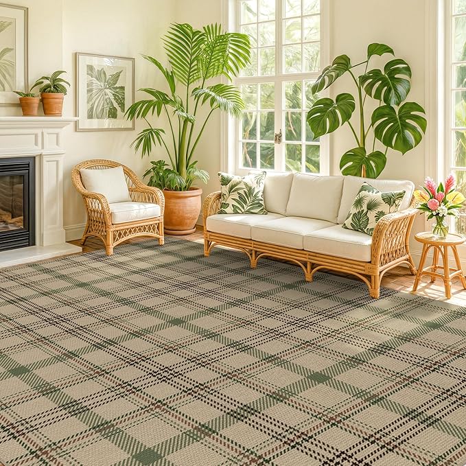 JTJ Plaid Easy Jute Rug 8x10 for Living Room - Green Striped Outdoor Indoor Rug for Dining Room Under Table, Bedroom Under Bed, Non Slip Farmhouse Tartan Aesthetic, Washable Sage Nature Color Decor