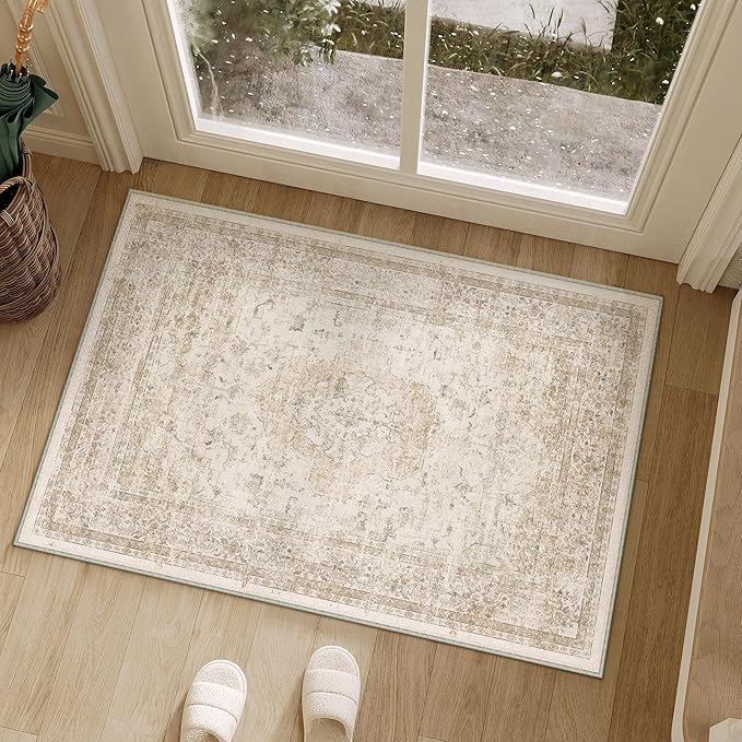 Entryway Area Rug 2x3 Beige Vintage Distressed Indoor Carpet Oriental Soft Thin Small Door Mat Non Slip Low Pile Throw Rug for Entrance Bathroom Bedroom Kitchen Laundry