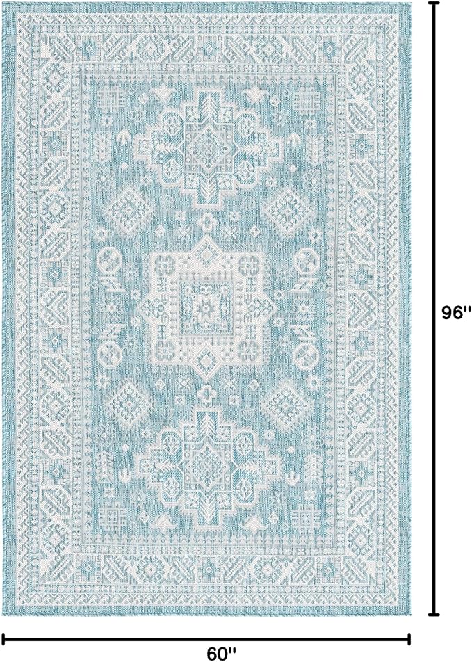 Rugs.com Outdoor Aztec Collection Rug – 5' x 8' Aqua Flatweave Rug Perfect for Living Rooms, Large Dining Rooms, Open Floorplans