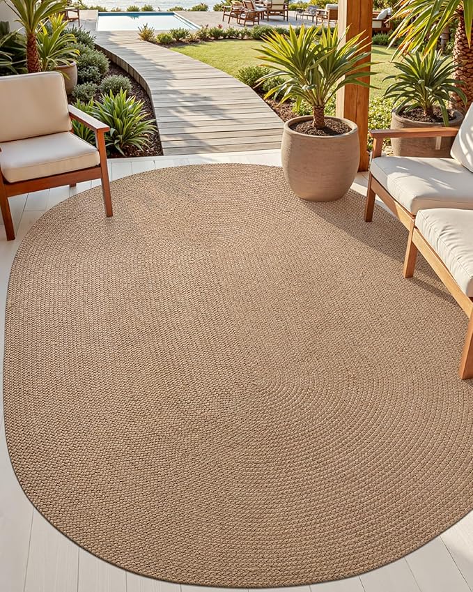 DEXI Oval Easy Jute Rug 6x9, Braided Woven Rustic Rugs No Shed, Large Neutral Area Carpet Mat for Outdoor Patio Dining Living Room Farmhouse, Tan Brown