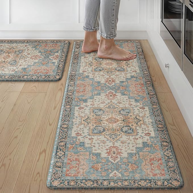 GENIMO Kitchen Mats for Floor 2PCs, Washable Anti Fatigue Mat for Cushioned, 17.3"x47"+17.3"x30", Waterproof Kitchen Rugs, Non Slip Comfort Standing Mat Rug for Home, Sink, Laundry, Blue&Salmon