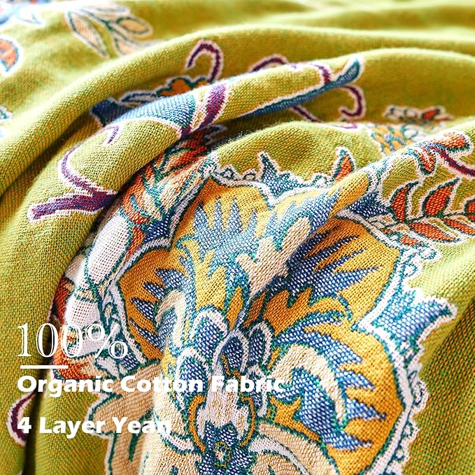 Boho Throw Blanket 60" x 80", 100% Organic Cotton Breathable Ultra Soft Bed Quilt Throw - All Season Luxury Floral Farmhouse Decor Blanket for Sofa Couch Chair and Gift. Green/Blue