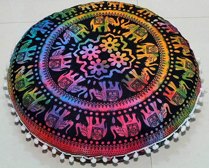 Round Mandala Floor Pillow Cover Seating Cushion Throw Cover Hippie Decorative Bohemian Ottoman Pouf Cover, Pom Pom Pillow Cases,Boho Indian 22 Inches (Multi Up hathi)