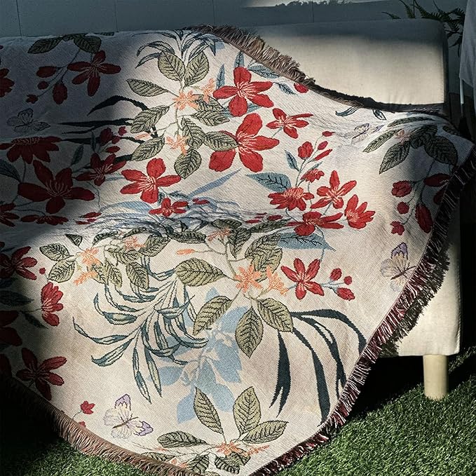 Snycler Flowers and Plants Throw Blanket for Bed 50 * 60inch Woven Blanket Cotton Polyester Farmhouse Decor for Indoor Outdoor Sofa Bedroom Garden，All Season （Spring）