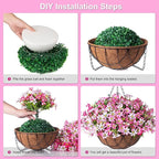 Artificial Silk Flowers Hanging Baskets Outdoors Indoors,Chrysanthemum with Eucalyptus Leaves Arrangement for Garden Yard Spring Summer Decor,Faux Plant in Metal Coconut Lining Flowerpot(Pink)