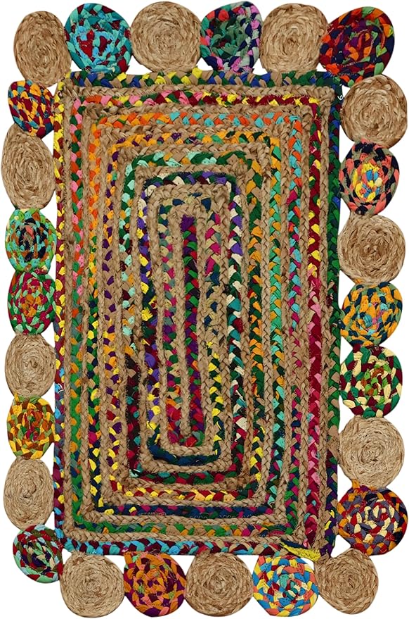 Rectangular Area Rug - 2x3 Feet Multicolor Cape Code Chindi Cotton Jute Rug Geometric Kilim Rug Indoor Outdoor Use Carpet Flatweave Rugs for Bedroom Dining Room Living Room