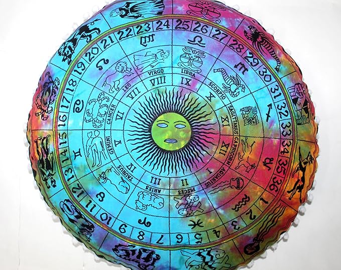 CRAFT KALA 32" Round Large Round Bohemian Floor Pillow Pouf Cover Mandala Meditation Room Pillow Cover for Adults Boho Seating Poufs Cushion Cover for Kids Playroom Multi Zodiac