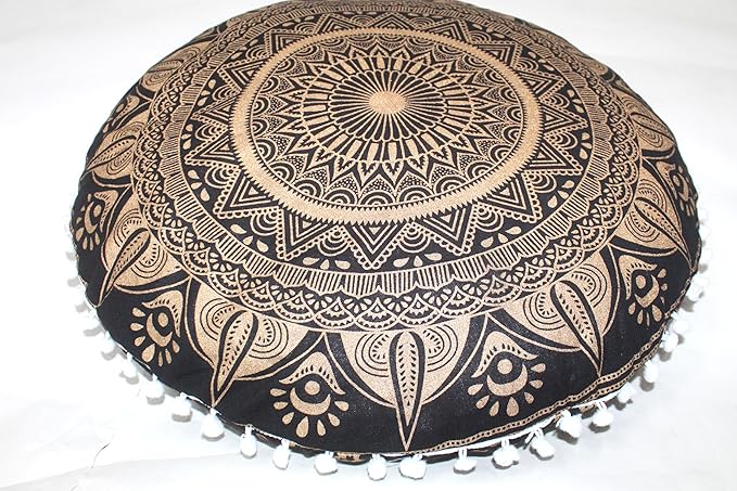 CRAFT KALA Large Round Bohemian Floor Pillow Pouf Cover Mandala Meditation Room Pillow Cover for Adults Boho Seating Poufs Cushion Cover for Kids Playroom Black Golden 32" Round