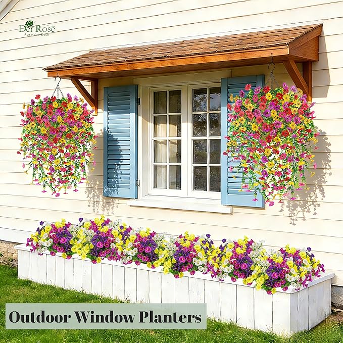 Der Rose 2Pcs Artificial Hanging Flower Basket for Outdoors Fake Hanging Flowers Plants with 4 Faux Silk Trailing Vines for Porch Patio Balcony Spring Decor