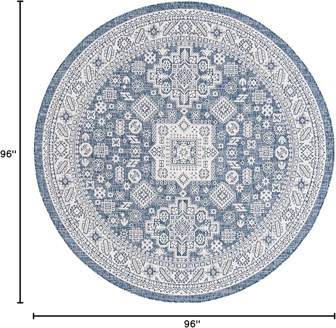 Rugs.com Outdoor Aztec Collection Rug – 8 Ft Round Blue Flatweave Rug Perfect for Kitchens, Dining Rooms