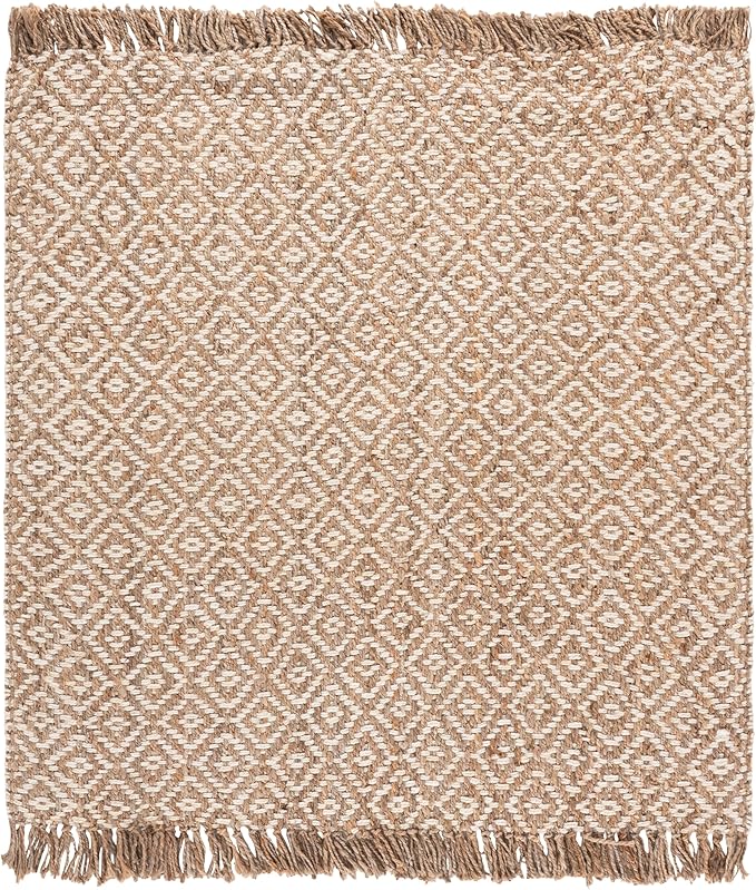 SAFAVIEH Natural Fiber Collection Area Rug - 6' Square, Ivory & Natural, Handmade Boho Diamond Tassel Jute, Ideal for High Traffic Areas in Living Room, Bedroom (NF266A)