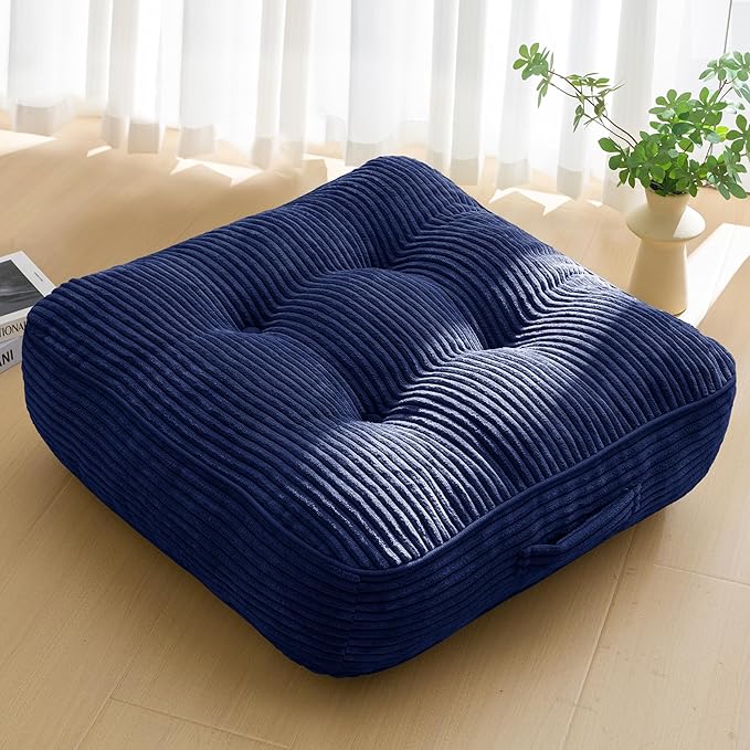 HIGOGOGO 6" Extra Thick Floor Pillow Cushion for Adults, Meditation Cushion Pillow, Large Square Floor Sitting, Tufted Corduroy Cover, for Tatami Living Room or Yoga, 22x22 Inch, Navy