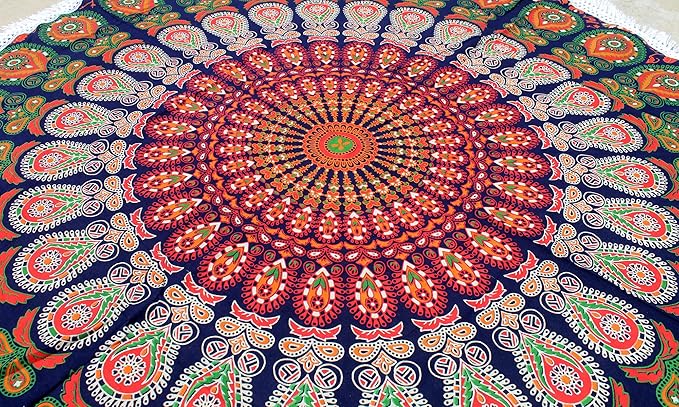 Round Beach Tapestry Turquoise Mandala Throw/Boho Hippie Beach Blanket Roundie/Indian Cotton Bohemian Large Round Table Cloth-Home Decor/Yoga Mat Meditation Picnic Rug (42", Orange and Green)