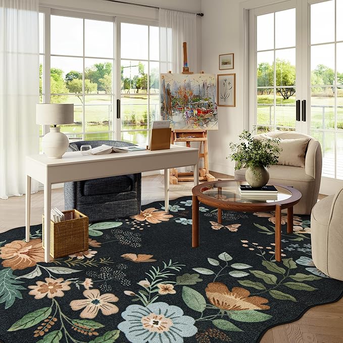 Lahome Floral Washable 6x9 Area Rugs, Soft Bedroom Rug for Living Room Ultra-Thin Non Slip Dining Room Rug, Stain Resistant Boho Rugs Flore Throw Carpet for Office Flore (6'x9',Black/Grey)