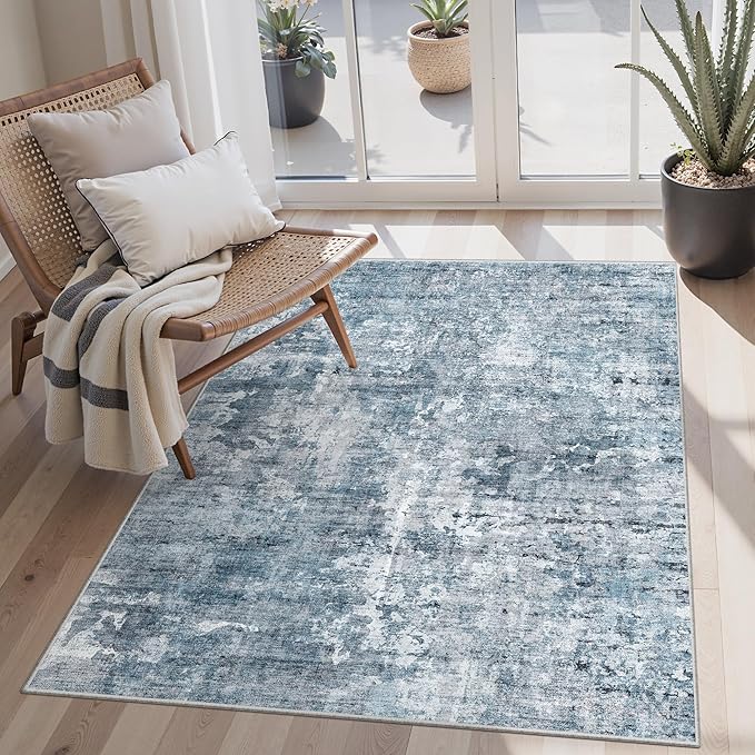 Area Rugs 4x6 for Living Room, Vintage Abstract Washable Rugs for Dining Room, Kitchen, Non-Slip Area Rug Blue