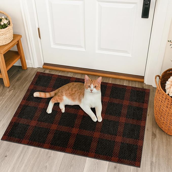2x3 Retro Buffalo Plaid Entryway Rug - Front Door Mat Indoor Entrance, Non Slip Washable Rug for Kitchen, Bathroom,Washable Easy Jute Red and Black Fall & Holiday Decor