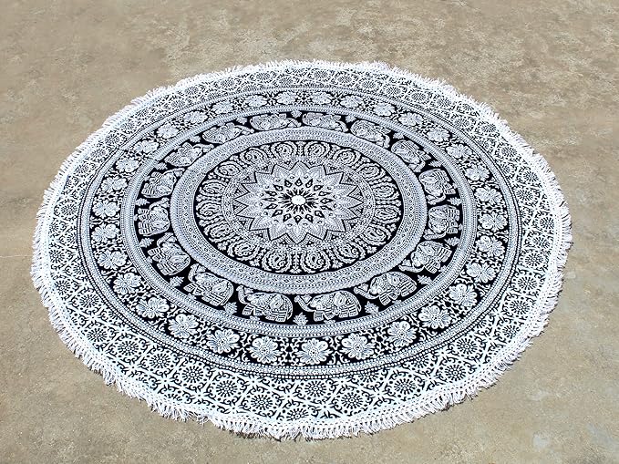 Round Beach Tapestry Turquoise Mandala Throw/Boho Hippie Beach Blanket Roundie/Indian Cotton Bohemian Large Round Table Cloth-Home Decor/Yoga Mat Meditation Picnic Rug (70", Black And WHite)